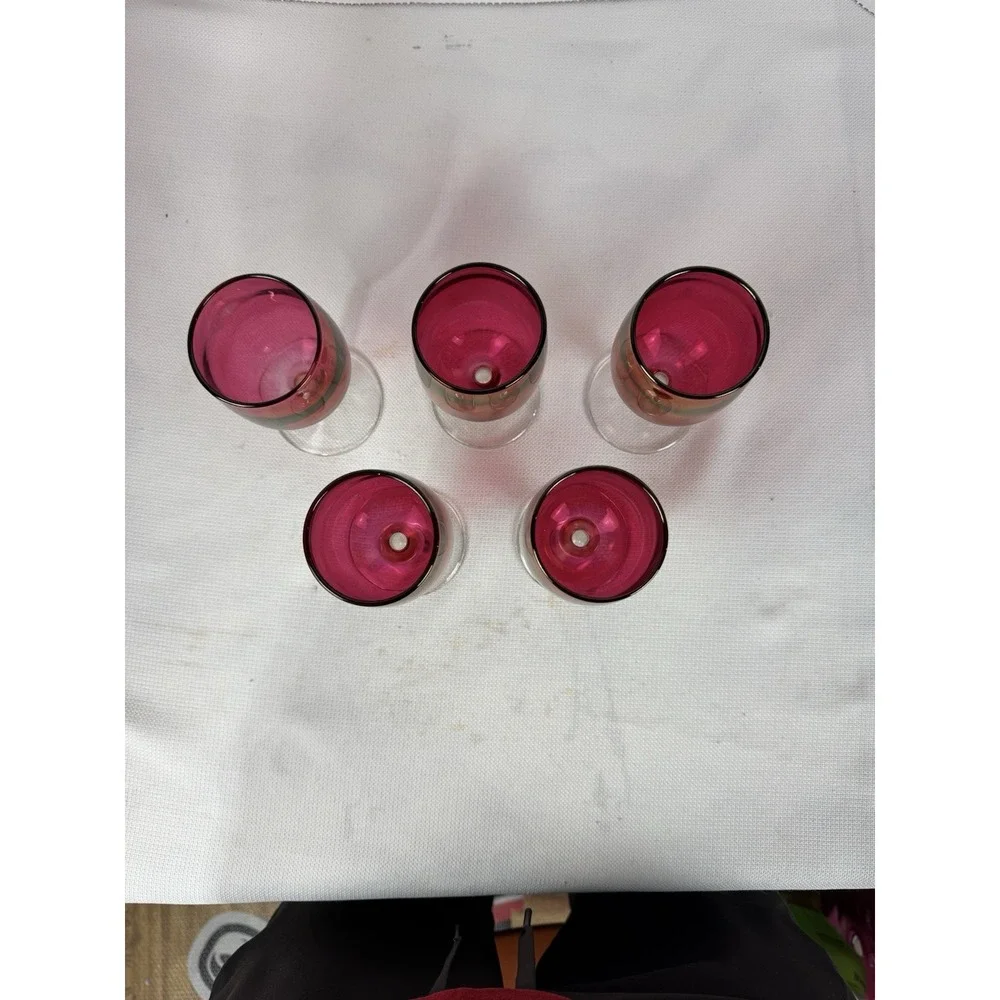 Vintage cranberry stain tulip‎ wine glasses 6 oz set of 5